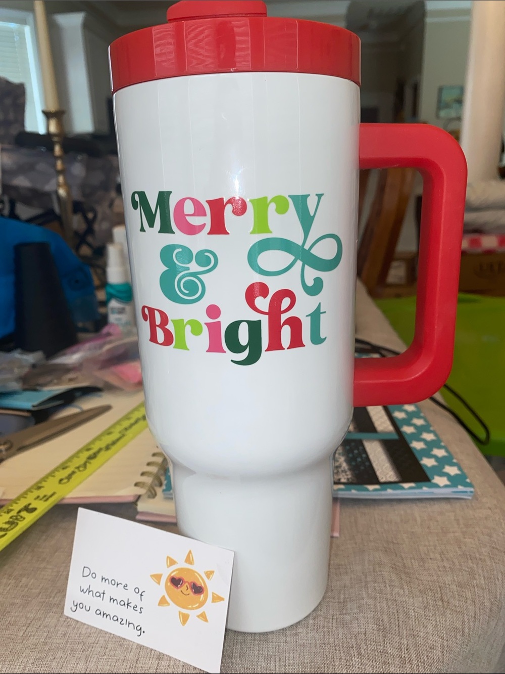 Merry & Bright Red Handle Holiday Travel Mug